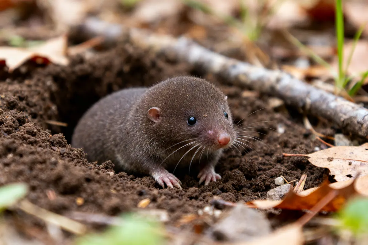 Taupe etoile émergeant du sol en milieu naturel parmi les feuilles mortes