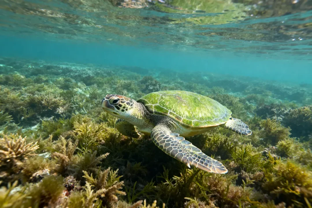 Tortue verte nageant sous l'eau parmi les algues et les récifs marins.
