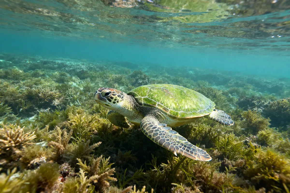 Tortue verte nageant sous l'eau parmi les algues et les récifs marins.