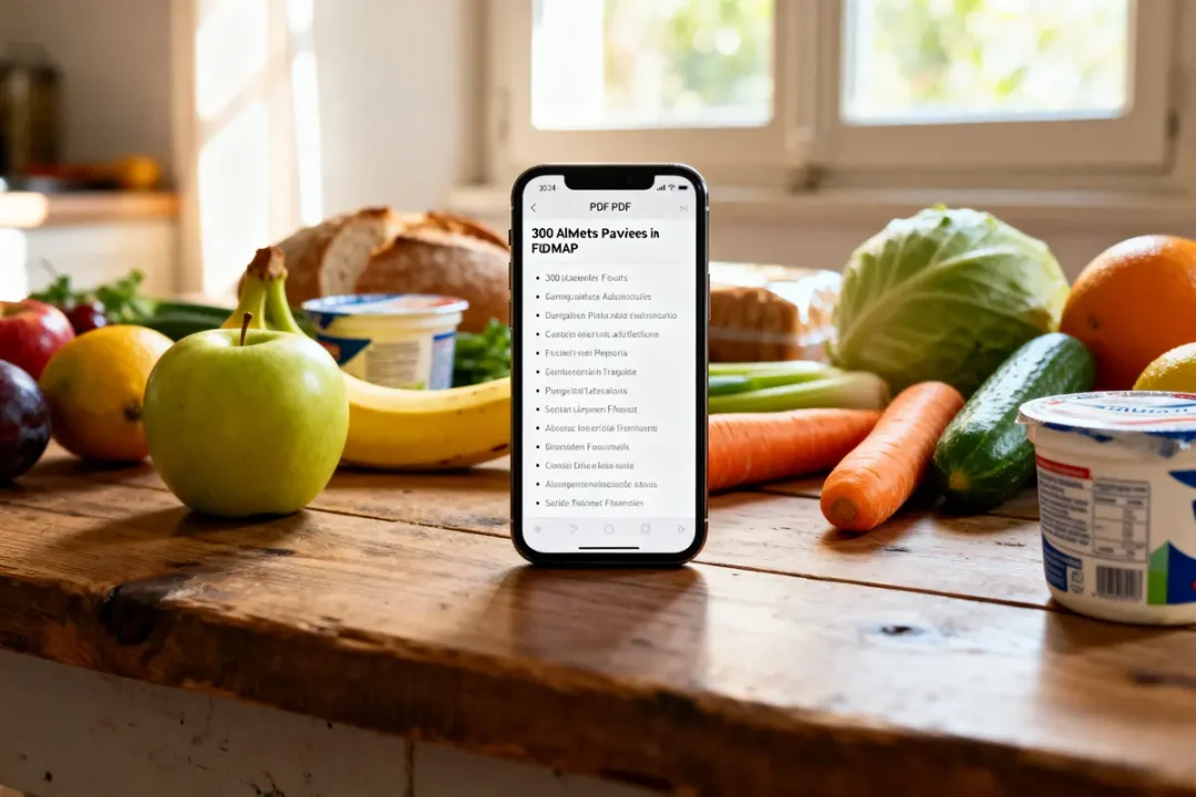 Smartphone affichant 300 aliments pauvres en fodmap pdf avec fruits et légumes en arrière-plan