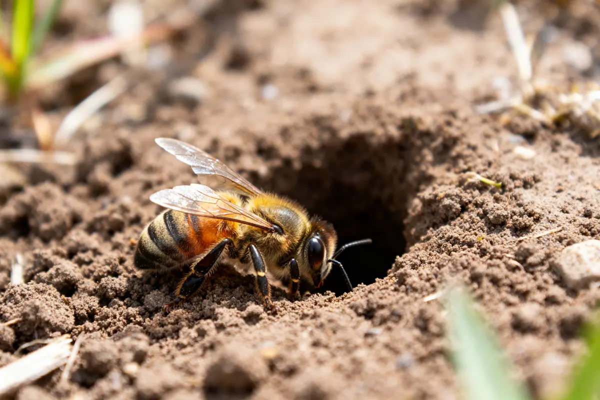 Abeille entrant dans un trou de terre vue de près abeille dans la terre que faire