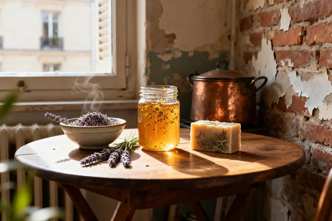 Pot de miel, bol de lavande et savon naturel éclairés par le soleil, beautysané avis