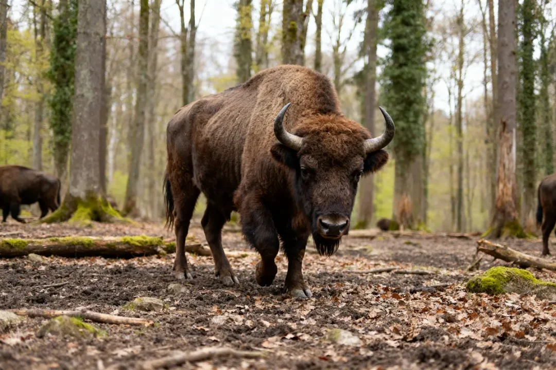 Bison d'Europe marchant dans une forêt dense au sol couvert de feuilles mortes
