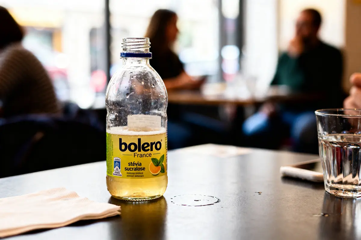 Bouteille de Bolero boisson effet secondaire sur table de café animée en fond flou