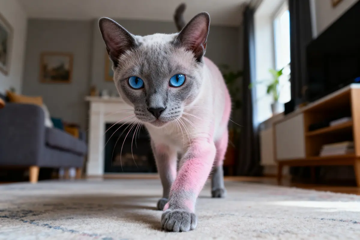 Chat siamois gris aux yeux bleus dans un salon moderne et lumineux
