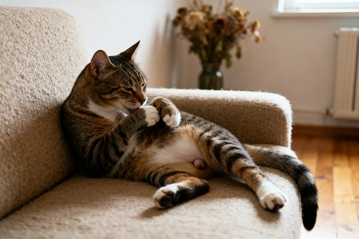 Chat zizi allongé sur un canapé beige, relaxé dans le salon lumineux