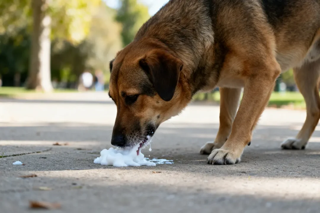 Chien qui vomit mousse blanche sur le trottoir par une journée ensoleillée au parc