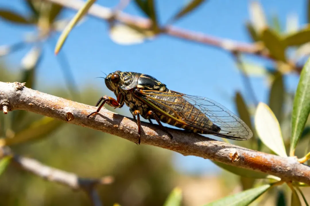 Cigale posée sur une branche d'arbre avec fond de ciel bleu clair