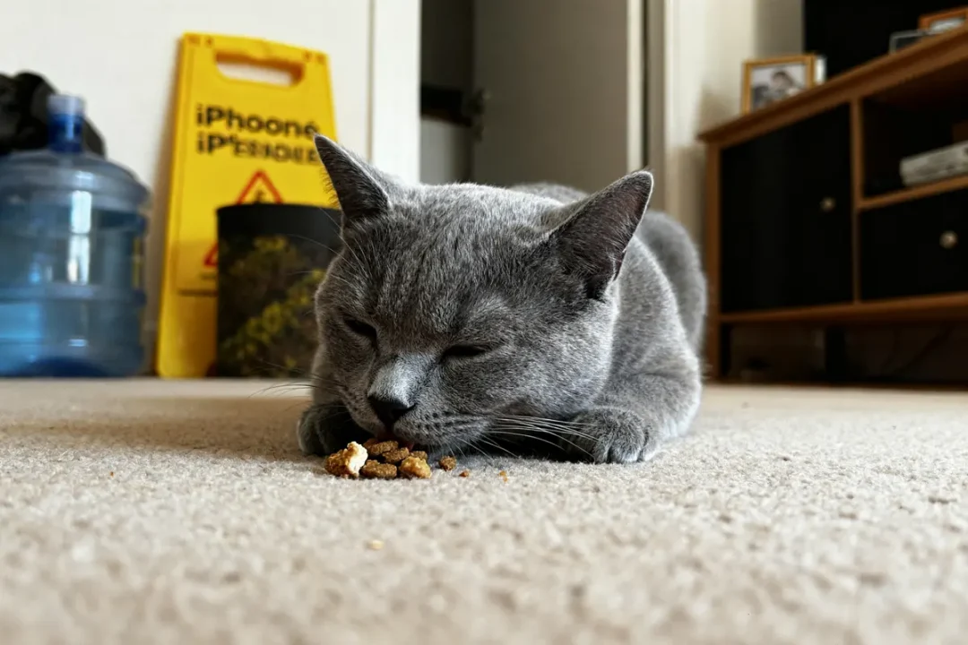 Chat gris mangeant des croquettes, clé pour comment savoir si mon chat a de la fievre