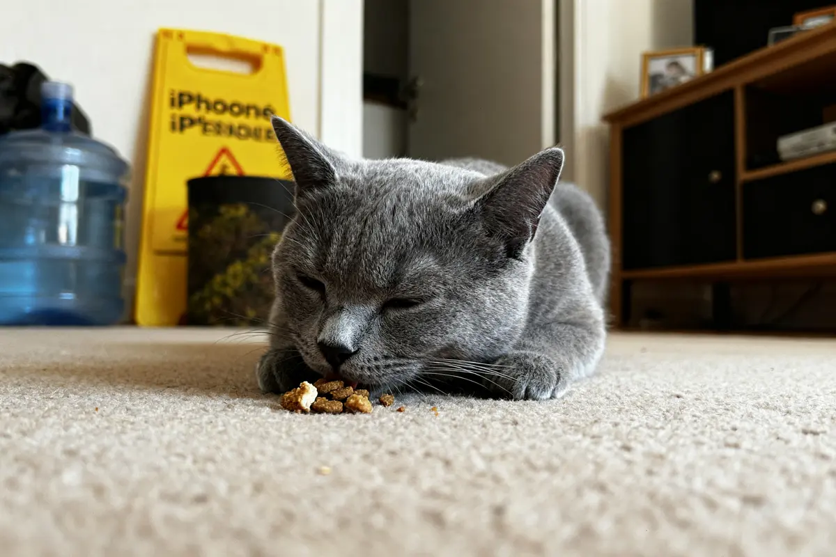 Chat gris mangeant des croquettes, clé pour comment savoir si mon chat a de la fievre