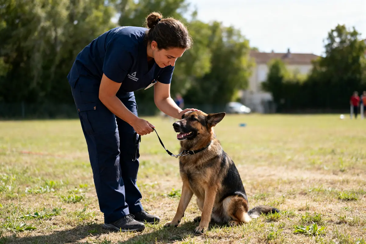 Femme habillée en bleu entraßnant un berger allemand, compagnon canin fr, dans un parc