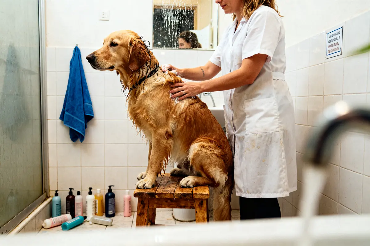 Chien sous la douche se fait le beau pendant toilettage par une femme