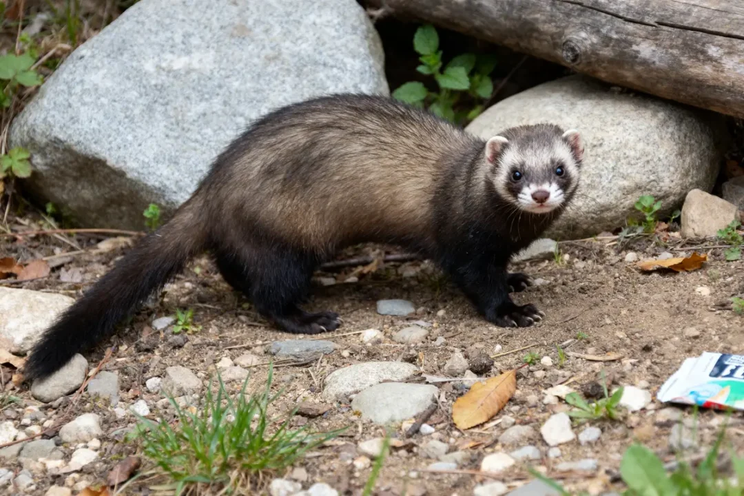 Furet brun sur sol caillouteux, proche de pierres et végétation minimaliste