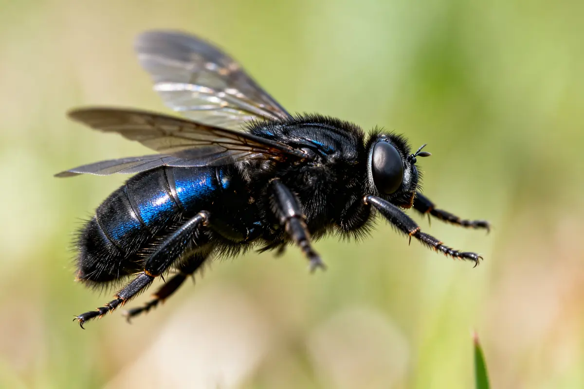 Gros insecte volant noir bruyant en plein vol avec ailes translucides en gros plan