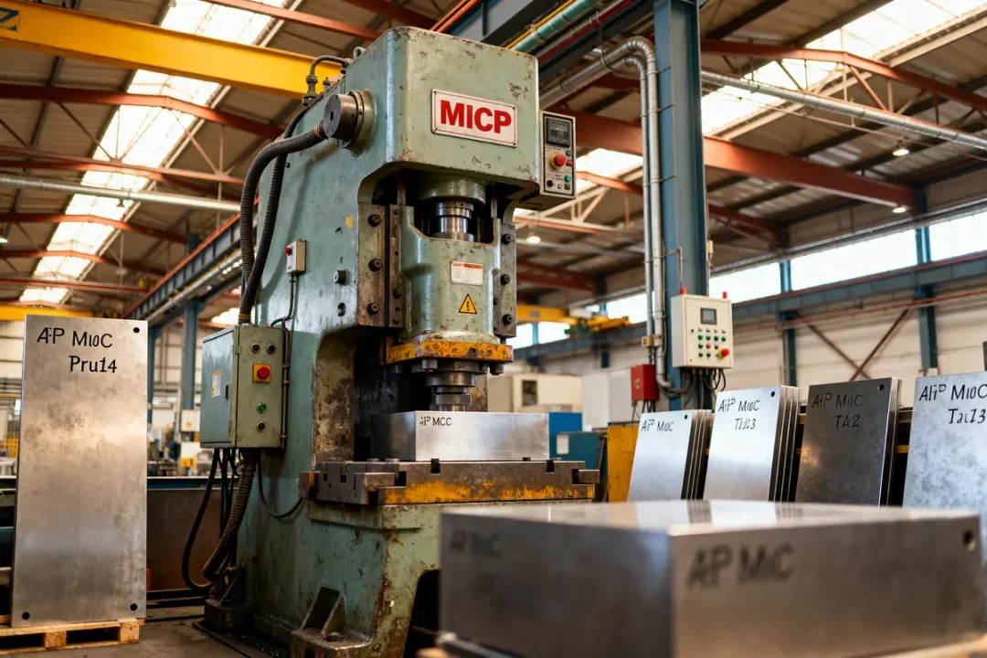 Machine a frapper MCP dans une usine avec plaques métalliques alignées sur le côté