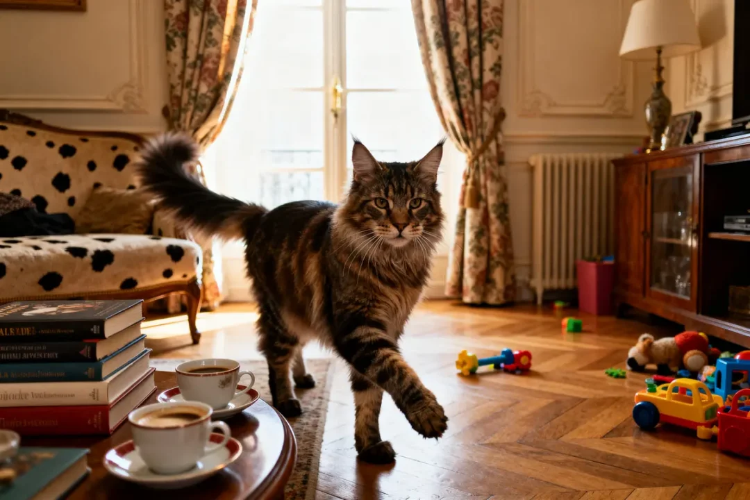 Un maine coon XXL marche dans un salon luxueux jouets présents prix abordable