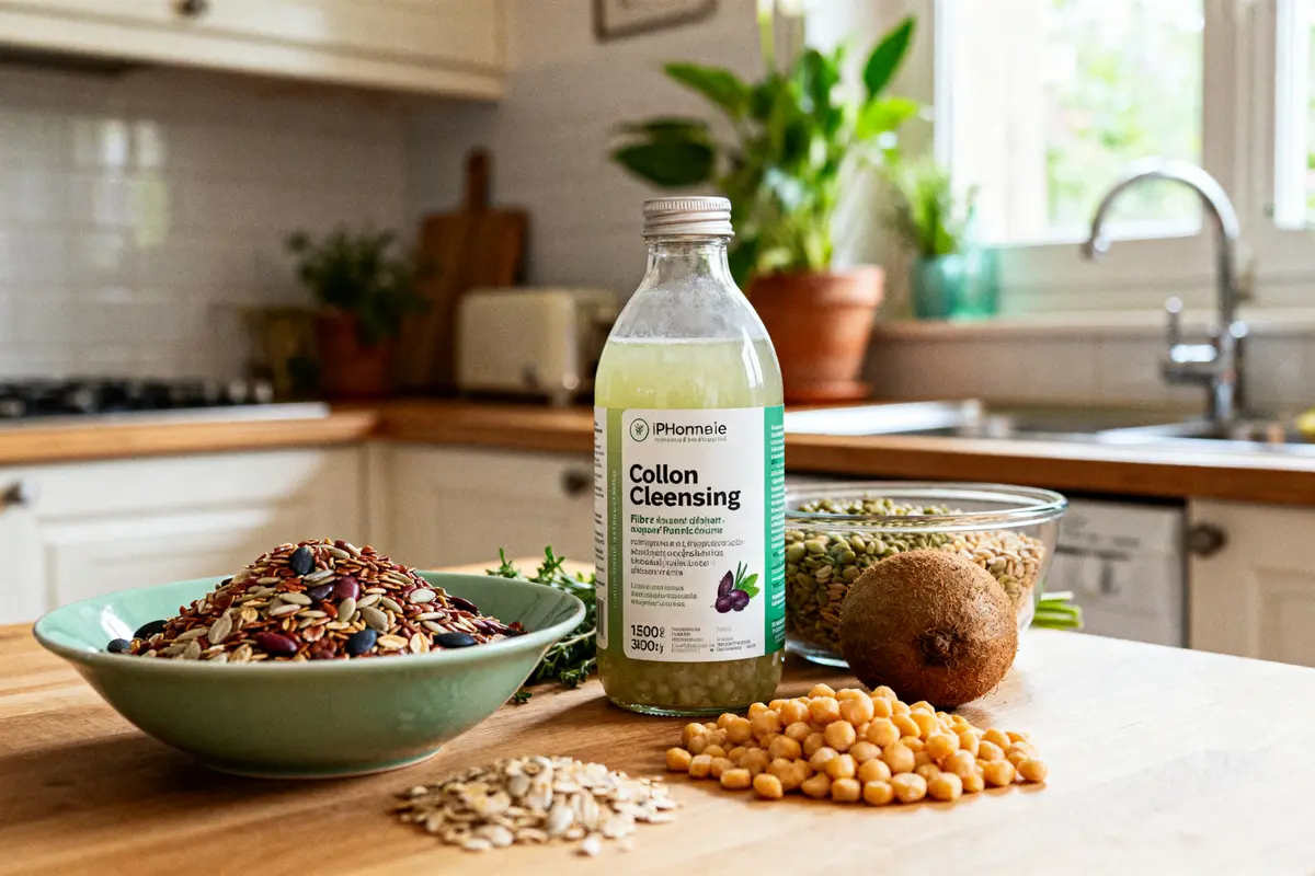 Bouteille nettoyage du colon perte de poids entourée de graines, pois chiches et fruits dans la cuisine