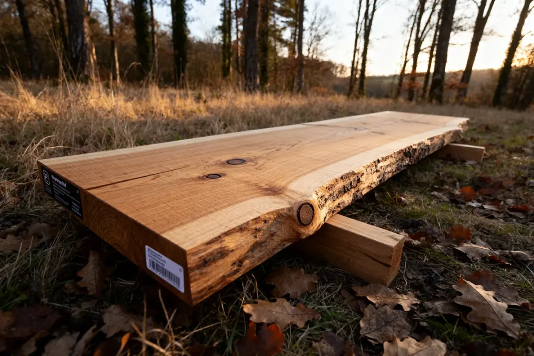 Planche de bois brut nordic timber posée sur l'herbe dans une forêt en automne
