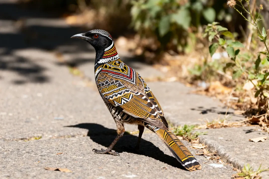 Oiseau rare coloré marchant sur un chemin pavé ensoleillé près de végétation verte.