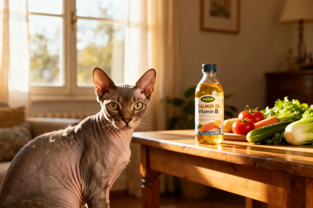 Chat sans poils près d'huile de saumon remède naturel perte de poil chat