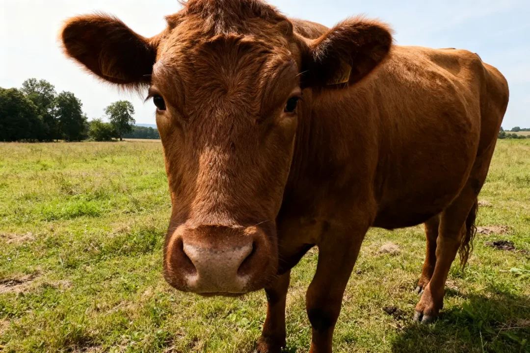 Vachette brune dans un pré ensoleillé montrant le poid d'une vachette au repos