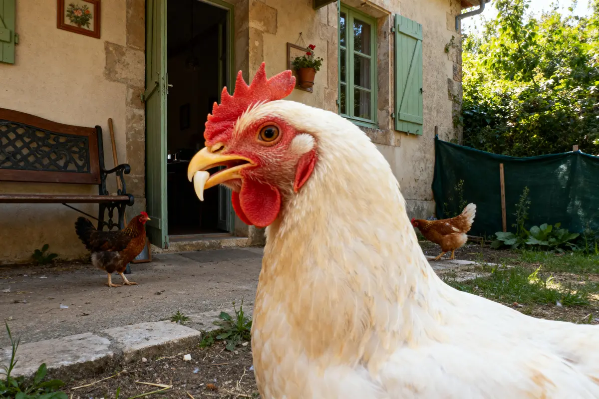 Poule avec dent devant maison en pierre avec d'autres poules en arrière-plan