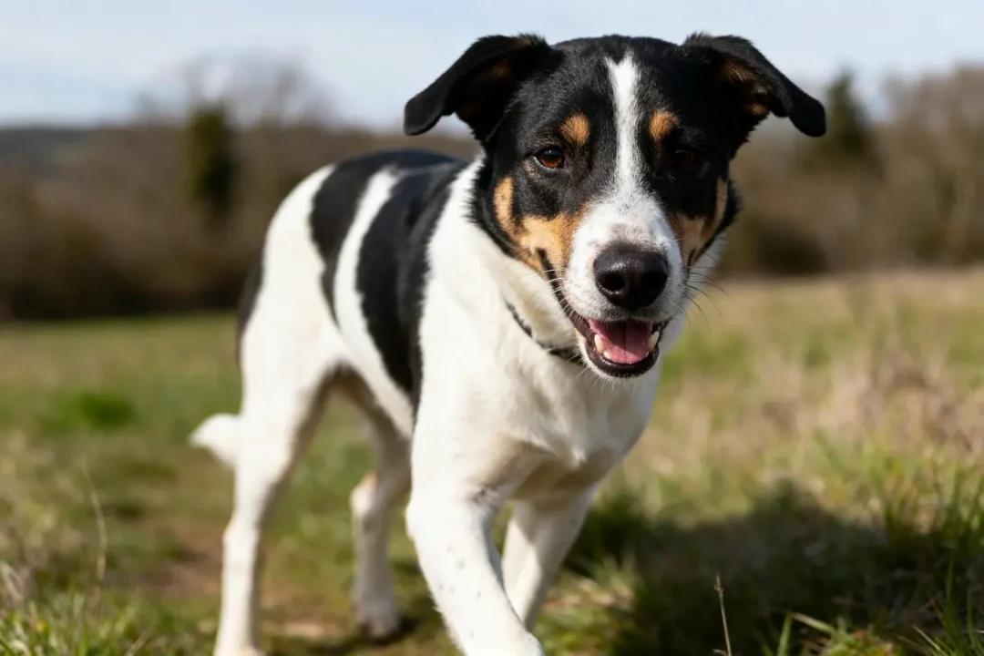 Chien noir et blanc souriant en promenade, inspirant le choix d'un prénom chien en v