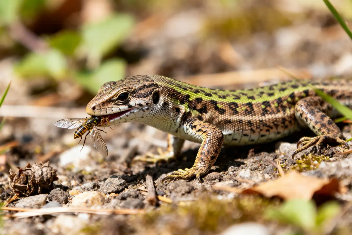 Lézard mangeant une guêpe sur sol rocailleux que mange les lézards dans la nature
