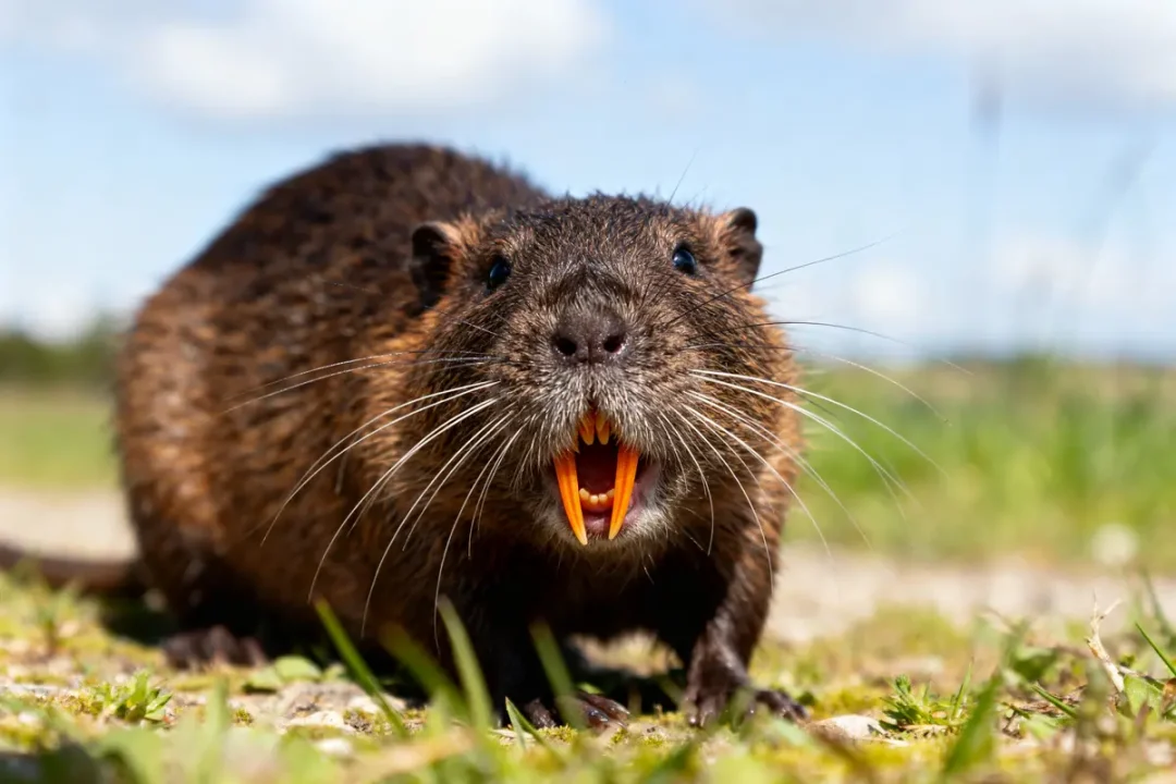 Gros plan sur un ragondin montrant ses grandes dents orange en plein air