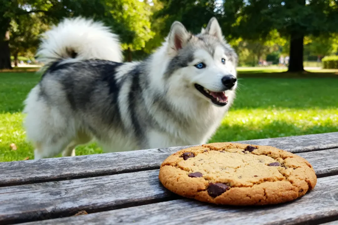 Un chien samskies observe un cookie sur une table en plein air