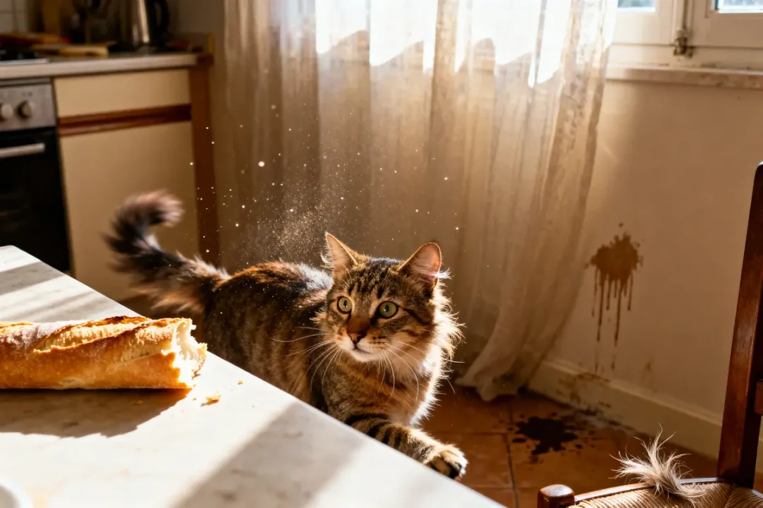 Chat surpris sur table de cuisine, miettes de pain, lumière du soleil, tache sur mur et sol.