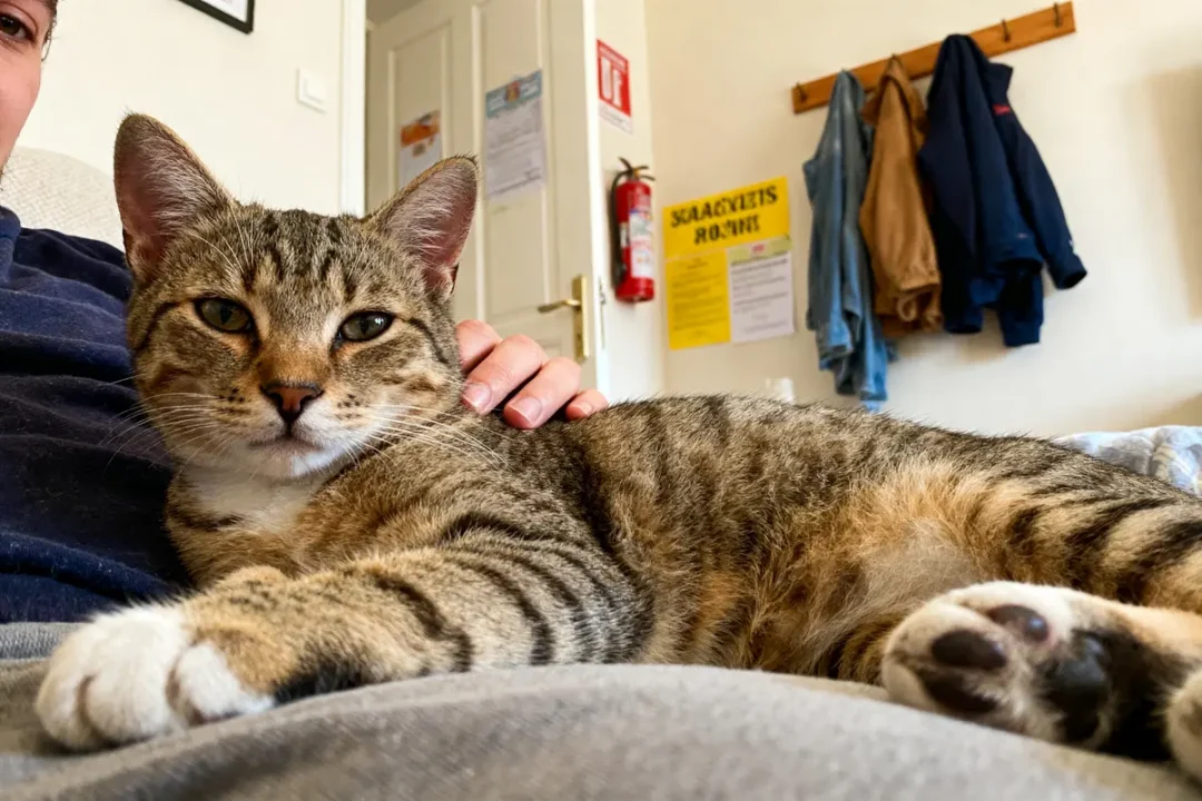 Chat tigré allongé sur les genoux d'une personne, câliné dans une pièce cosy.