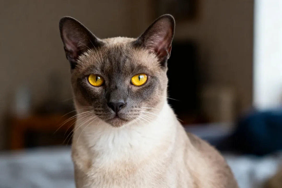 Chat au poil court, yeux jaunes perçants, museau sombre, cadre intérieur flou, expression attentive et curieuse.