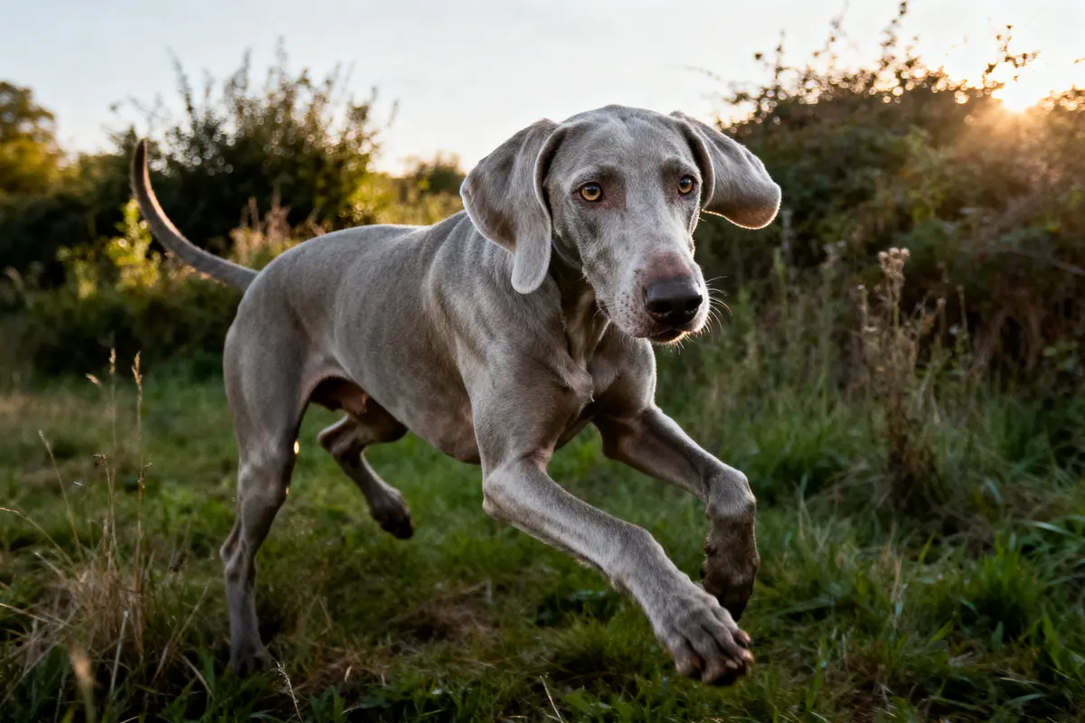 Chien gris courant dans un champ verdoyant sous la lumière du soleil couchant, regard attentif.