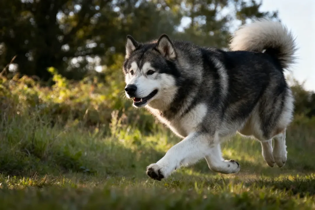 Chien Husky gris et blanc courant joyeusement sur l'herbe, arrière-plan flou de forêt.