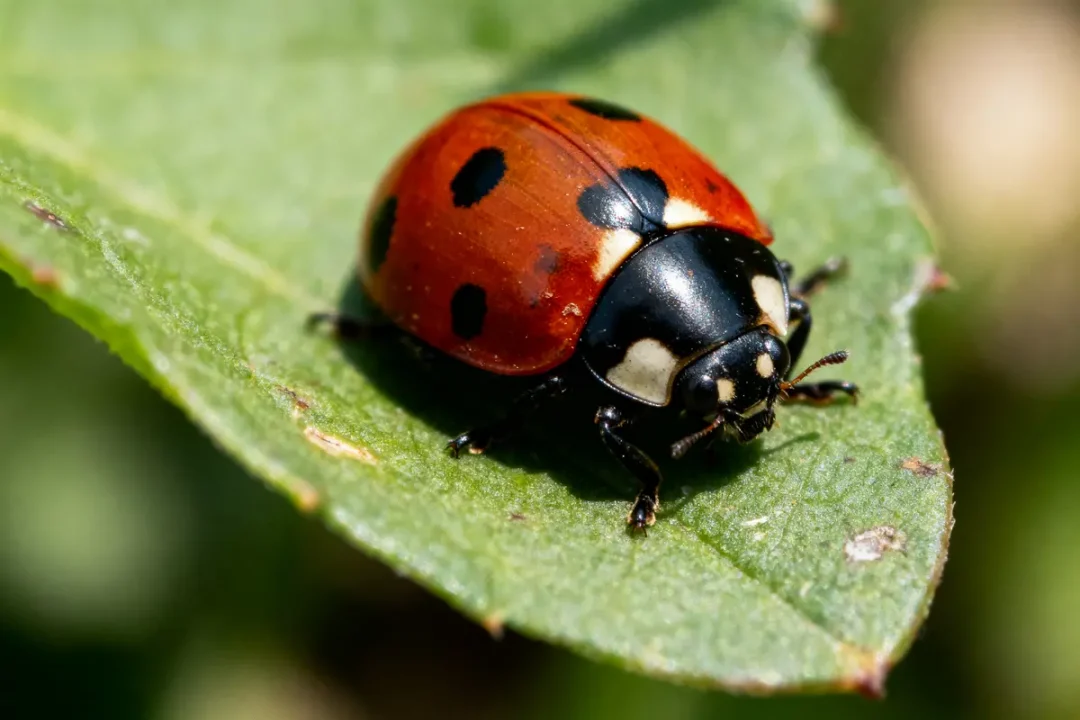 Coccinelle rouge à points noirs posée sur une feuille verte en gros plan. Fond flou.