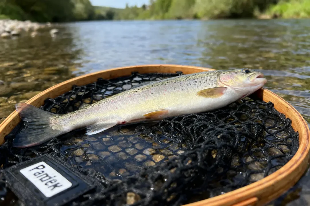 Truite fraîchement pêchée reposant sur un filet de pêche dans une rivière ensoleillée et entourée de nature.