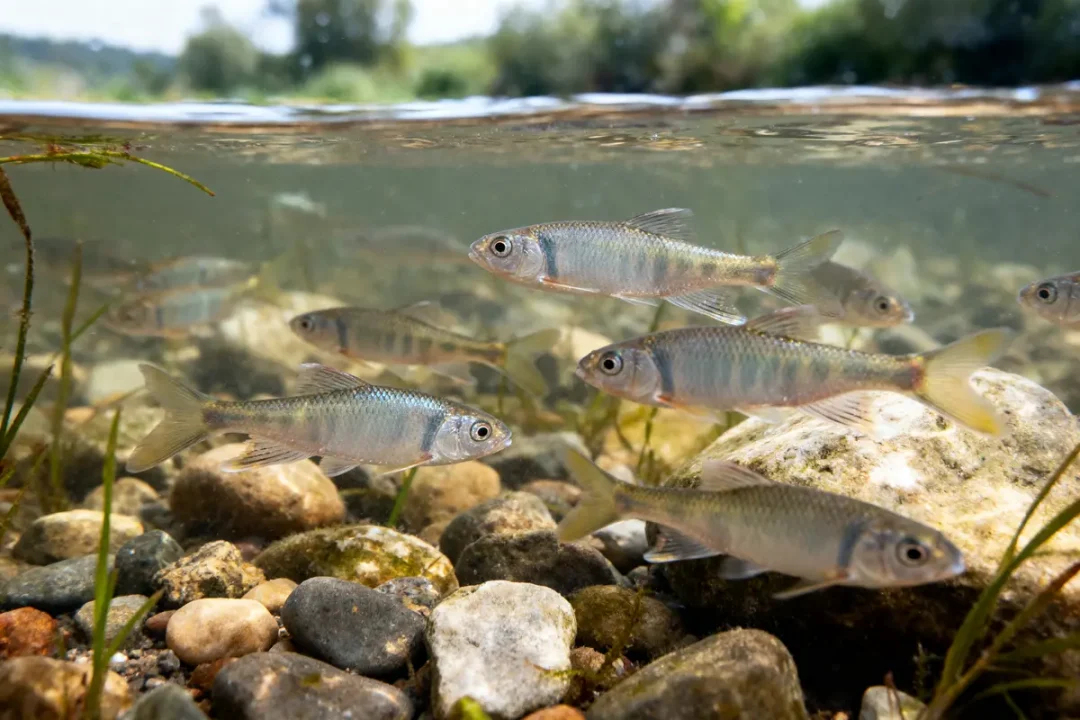 Banc de petits poissons nageant dans une rivière peu profonde sur fond de galets et de végétation aquatique.