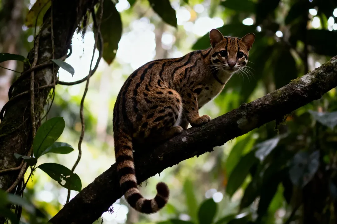 Petit félin sauvage tacheté perché sur une branche dans une forêt dense aux feuilles vertes.