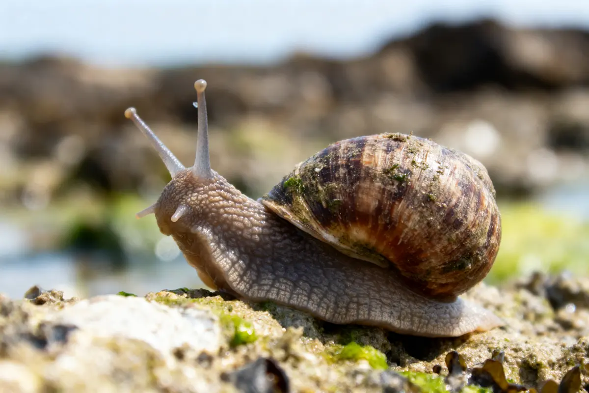 Escargot brun sur une surface rocheuse couverte de mousse verte, un jour ensoleillé.