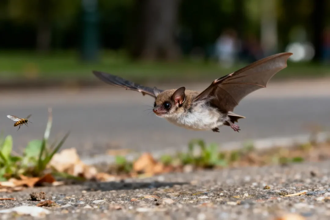 Une chauve-souris en vol rasant le sol pourchassant un insecte, dans un cadre extérieur verdoyant.