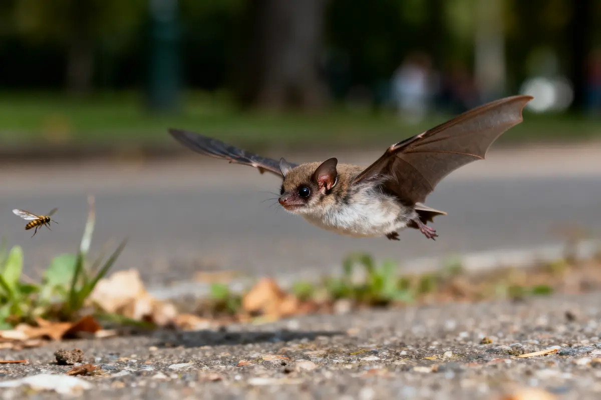 Une chauve-souris en vol rasant le sol pourchassant un insecte, dans un cadre extérieur verdoyant.