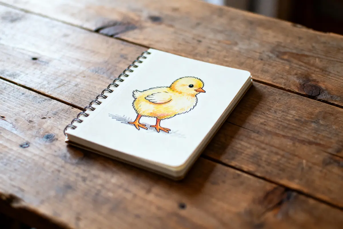 Carnet ouvert avec dessin d'un poussin jaune sur une table en bois rustique.