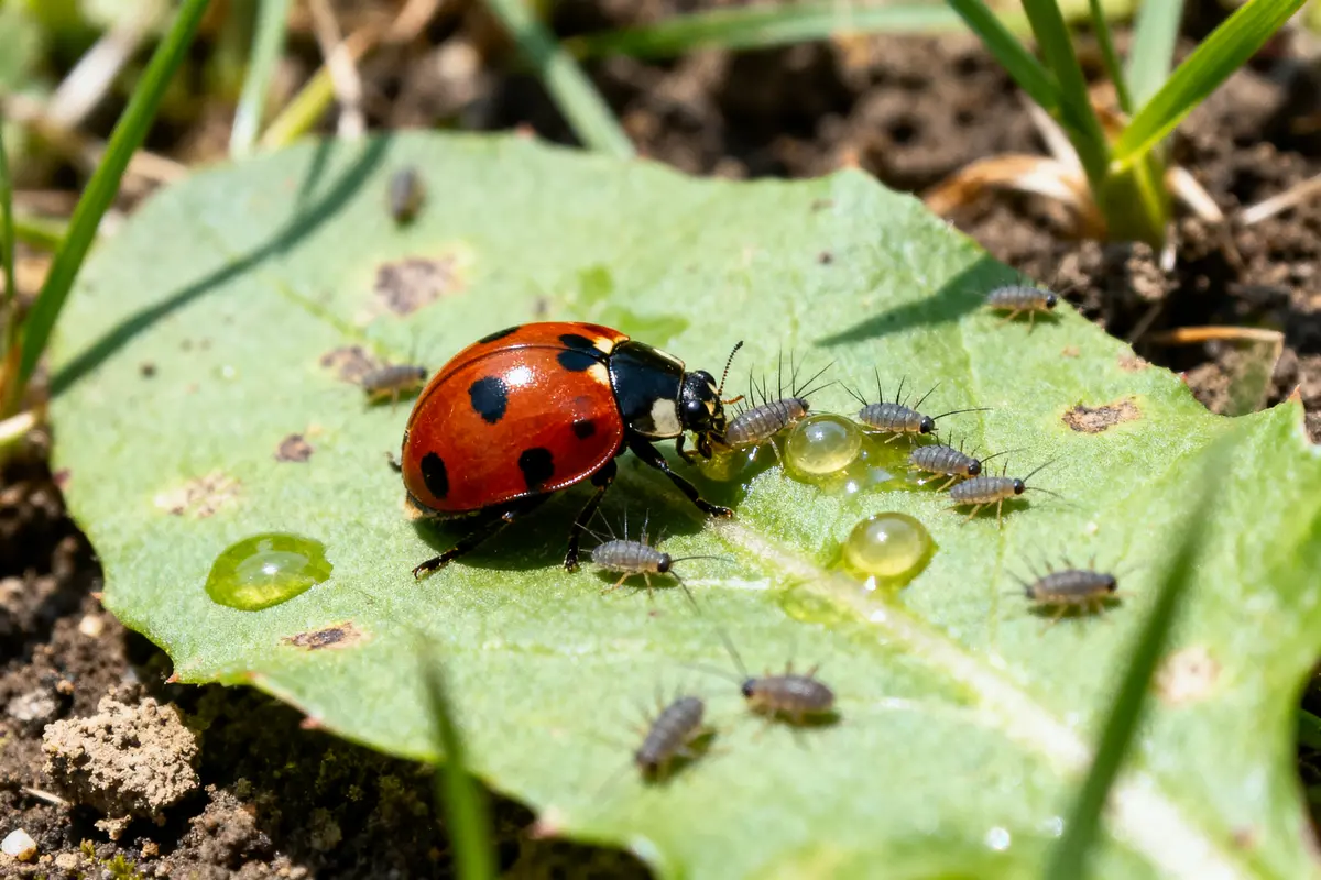 Coccinelle rouge sur feuille verte entourée de petits insectes et gouttes de rosée.