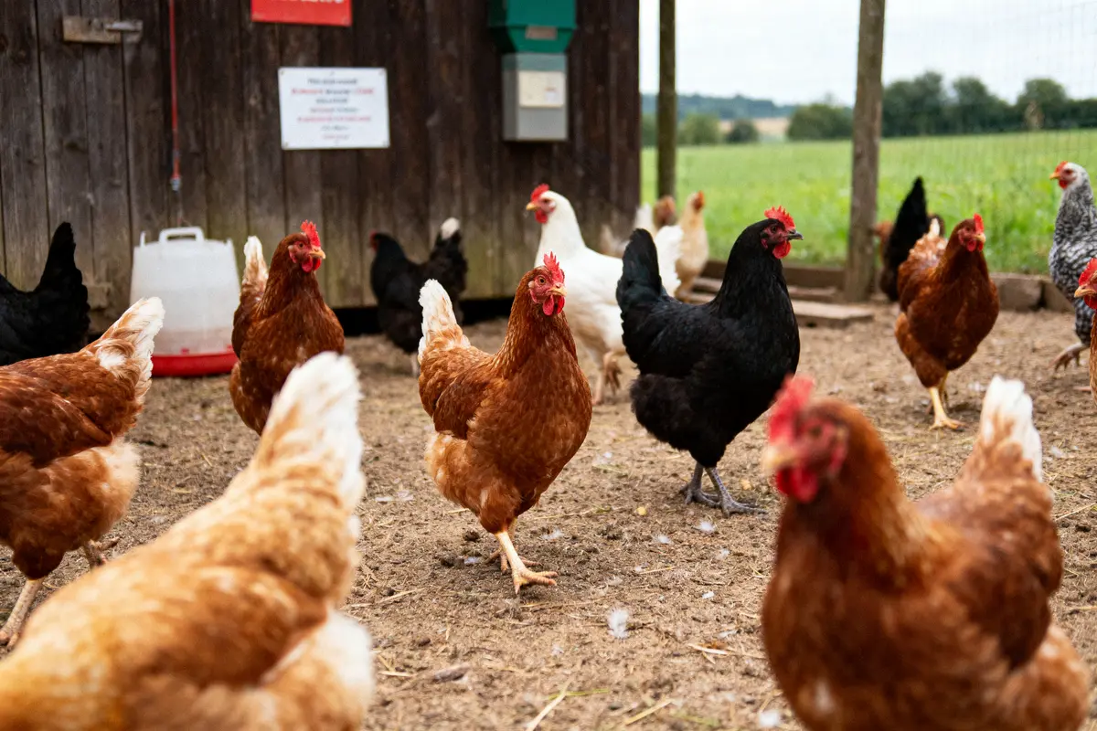 Poules de différentes couleurs dans une basse-cour en plein air, prÚs d'un bùtiment en bois.