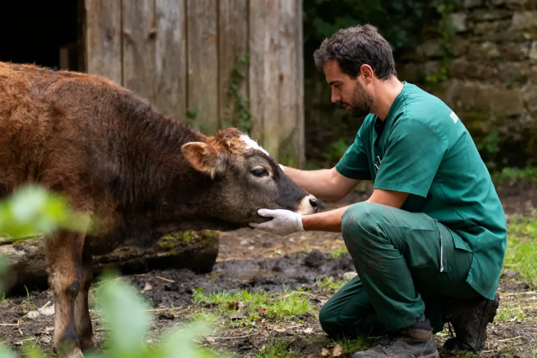 Un vétérinaire en tenue verte caresse un veau devant une étable en bois.