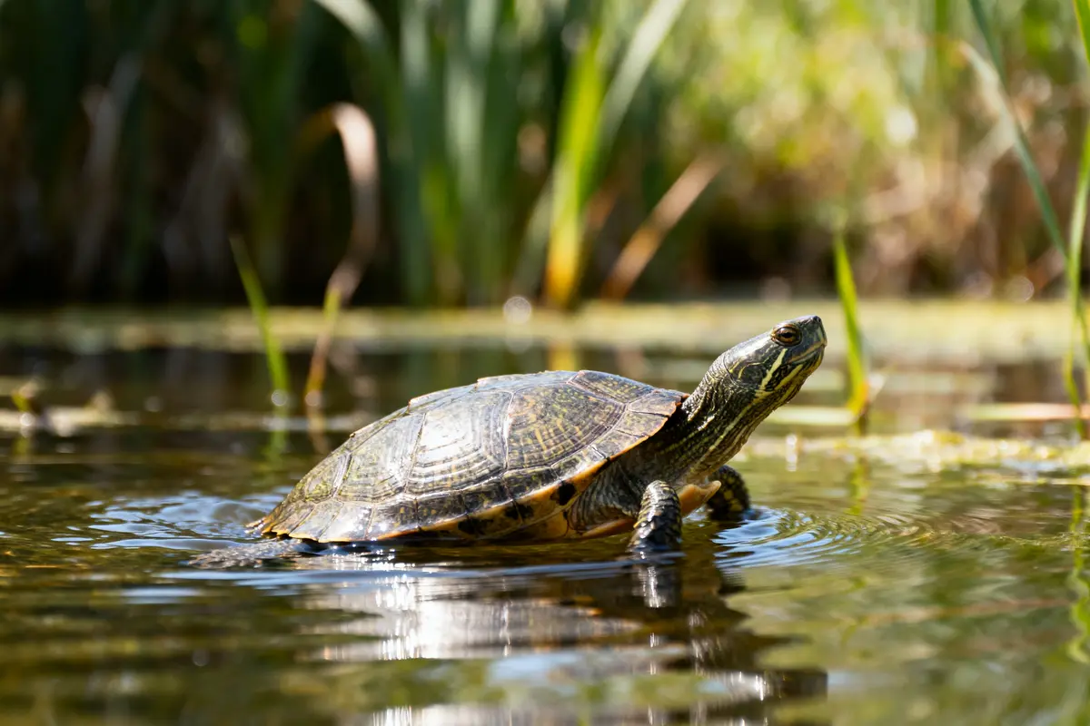 Tortue aquatique nageant paisiblement dans un étang, entourée de plantes vertes sous un ciel ensoleillé.