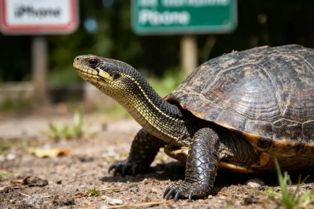 Tortue sur chemin terreux avec végétation, panneaux flous en arrière-plan. Coquille brune et verte.