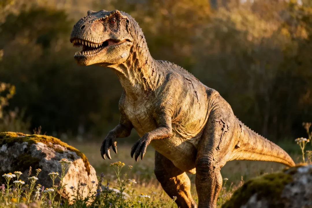 Un dinosaure en environnement naturel, éclairé par le soleil, entouré de rochers et de végétation.