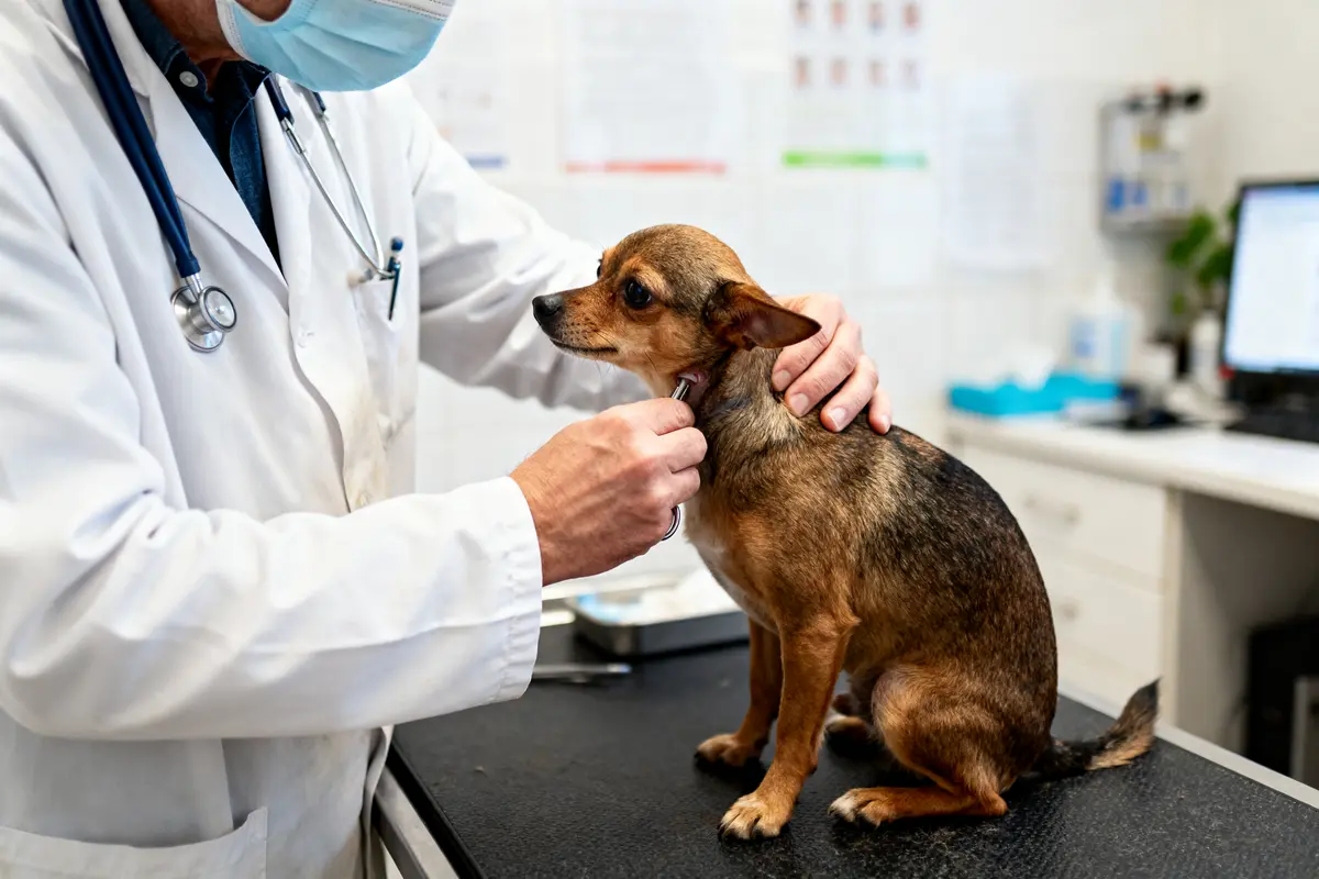 Un vétérinaire examine un petit chien assis sur une table dans un cabinet médical.